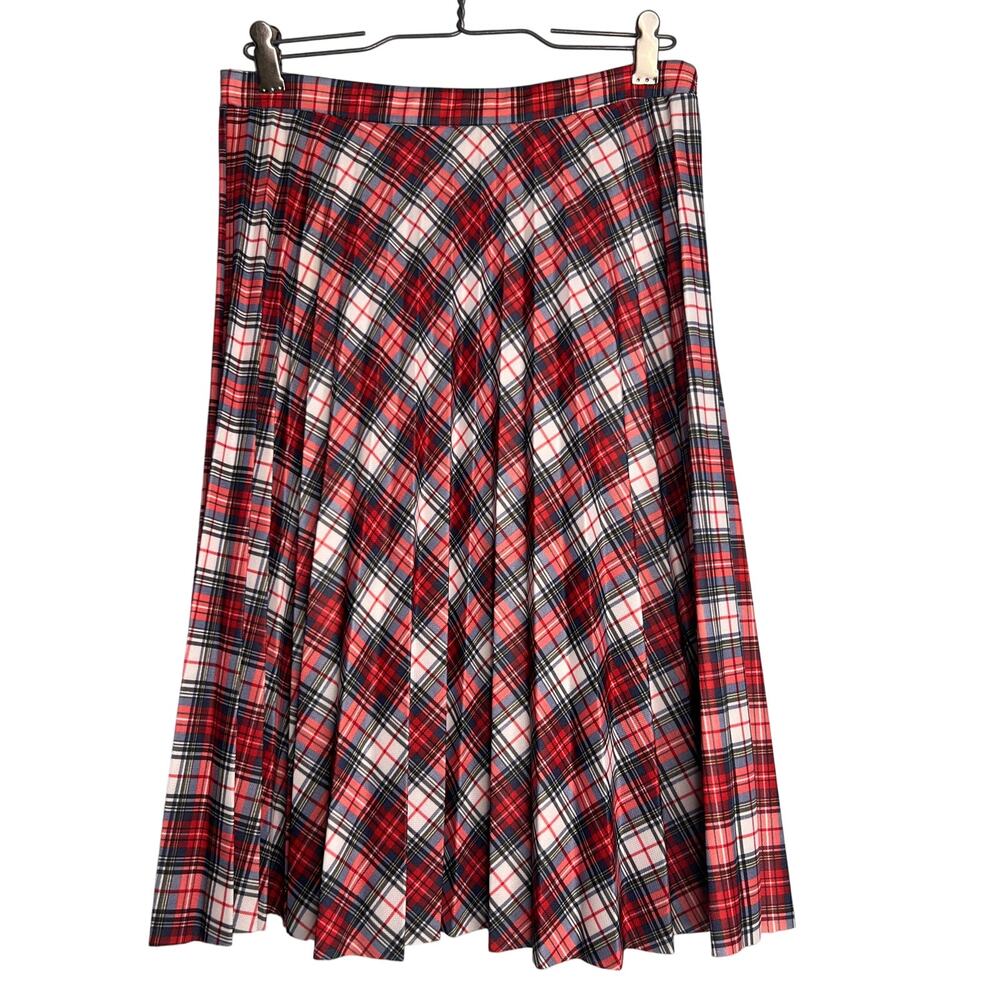 Vintage 70s Pleated Skirt Size Medium Red Plaid Polyester Knit Academia Preppy